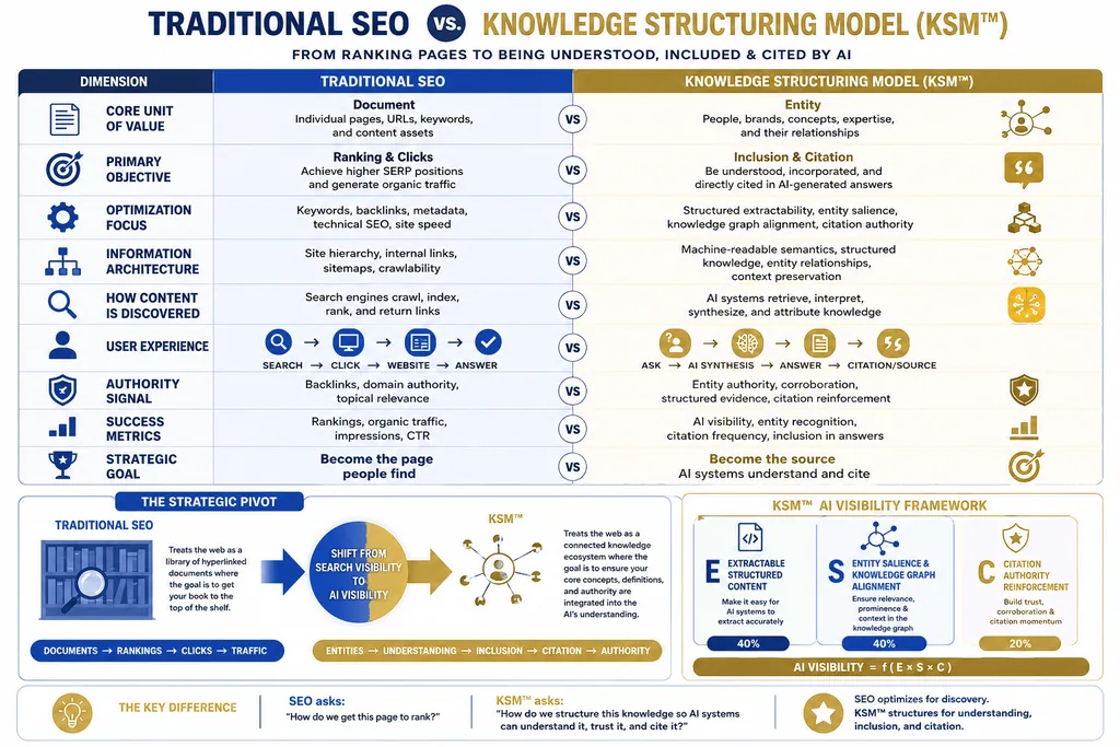 Comparison table showing traditional SEO versus the Knowledge Structuring Model across core unit of value, objective, optimization focus, and success metrics.